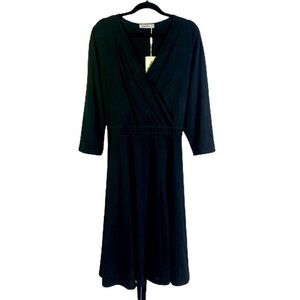 NEMIDOR Black Faux Wrap Midi Dress -‎ NWT